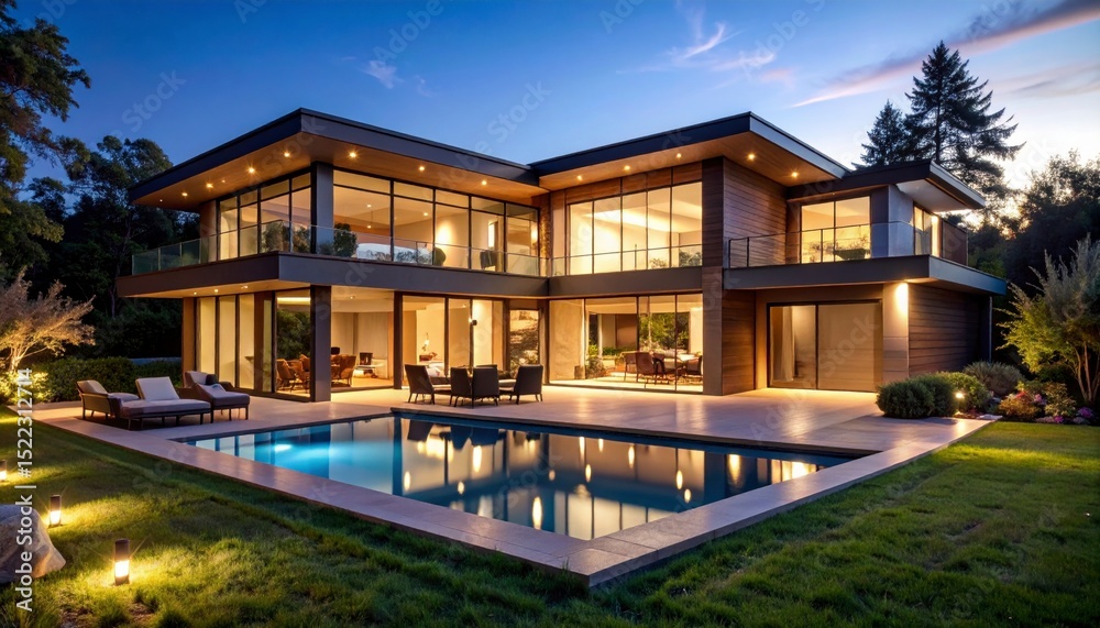 Fototapeta premium A modern luxury home with floor to ceiling overlooks a backyard pool reflecting the beautiful twilight sky, showcasing elegance and high end design.