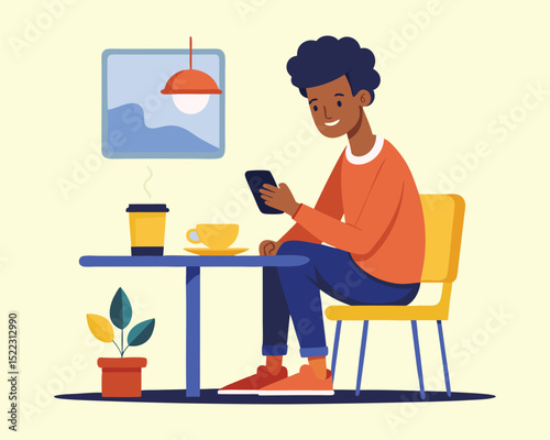 Man using phone at cafe coffee shop vector illustration