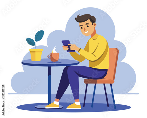 Man using phone at cafe cartoon vector illustration design