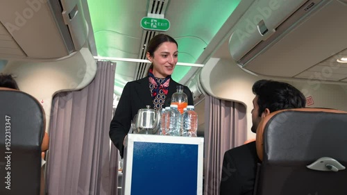 Flight Attendant Serving Water to Airline Passenger During In-Flight Service on Airplane Showing Professional Hospitality and Airline Crew Care