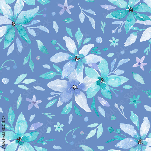 Fototapeta Naklejka Na Ścianę i Meble -  Watercolor floral seamless pattern. Fashion digital print. Repeat colorful abstract flowers design. Turquoise, lilac, blue, purple abstract flowers backgroung for textile, fabric, wallpaper, scrapbook
