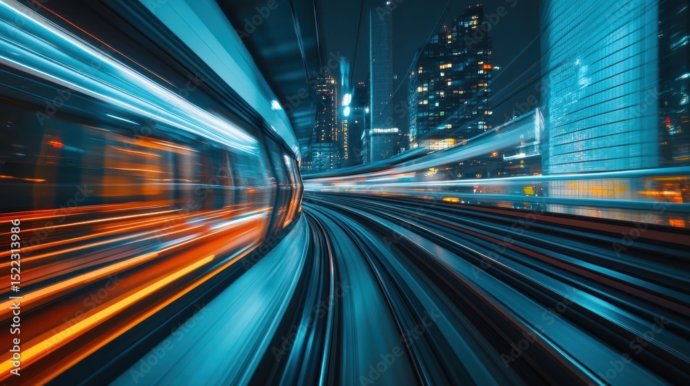Fototapeta premium High-speed train navigates through a futuristic cityscape at night among illuminated skyscrapers and vibrant lights
