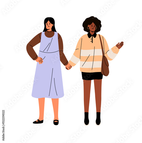 Happy girl holds hand her friend and greeting. Diverse young women standing together. Interracial lesbian couple walks. International friendship. Flat isolated vector illustration on white background