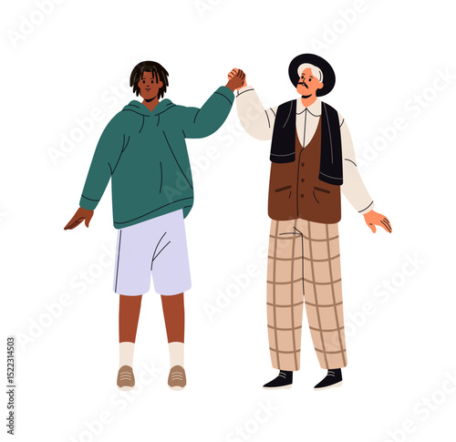 Diverse happy people hold hands up. Friends standing together. Joyful men support each other. International friendship, multiethnic community, unity. Flat isolated vector illustration on white