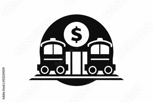 Black icon of two trains and a dollar sign above them halloween, vector, silhouette,  illustration, horizontal, isolated assets,