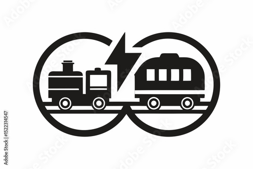 Train with lightning inside of two big circles halloween, vector, silhouette,  illustration, horizontal, isolated assets,