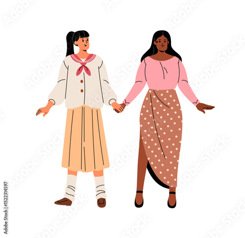 Happy African American and Asian girls hold hands. Diverse young women are friends. Interracial lesbian couple standing together. International friendship. Flat isolated vector illustration on white