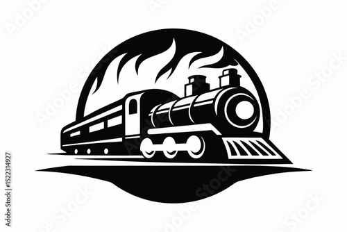 Illustration of a vintage steam train with flames halloween, vector, silhouette,  illustration, horizontal, isolated assets,