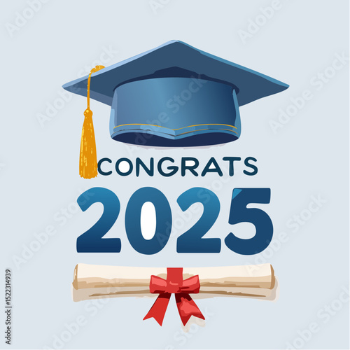 Graduation themed graphic illustration featuring a mortarboard, diploma scroll, red bow, and the year 2025 against a light blue background