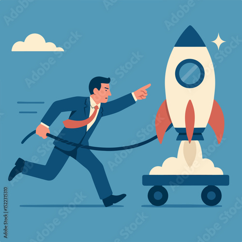 Entrepreneur initiative idea, ambition to push effort to success, start new business or company with creativity development, innovation or invention concept, businessman pull new creative rocket.