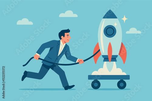Entrepreneur initiative idea, ambition to push effort to success, start new business or company with creativity development, innovation or invention concept, businessman pull new creative rocket.