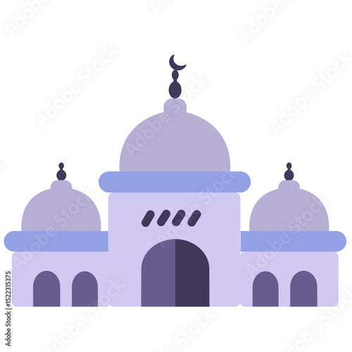  A minimalist purple mosque illustration with a dome and turrets, symbolizing Islamic architecture and spirituality in a clean, simple design.