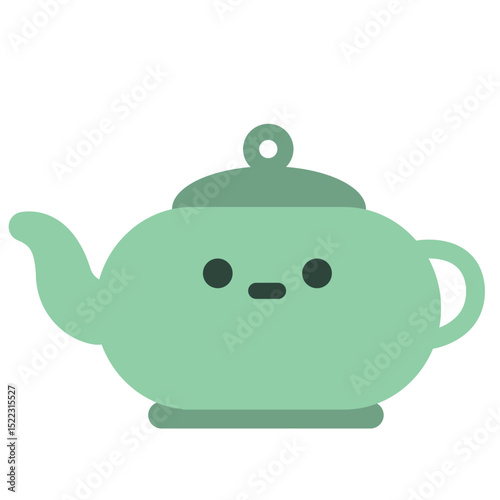 Flat illustration of green teapot with neutral sad face. Ideal for emotion-themed visuals, children’s books, or kitchen cartoon object designs.


