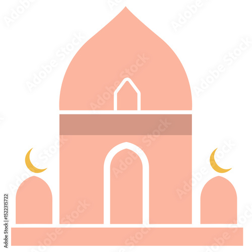Simple flat mosque illustration with twin domes and crescent moons. Perfect for Islamic design themes, Ramadan greetings, and cultural celebrations.

