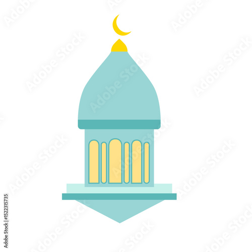 Colorful illustration of an Islamic mosque with a crescent moon. Great for Ramadan greeting cards, religious celebrations, and cultural designs.