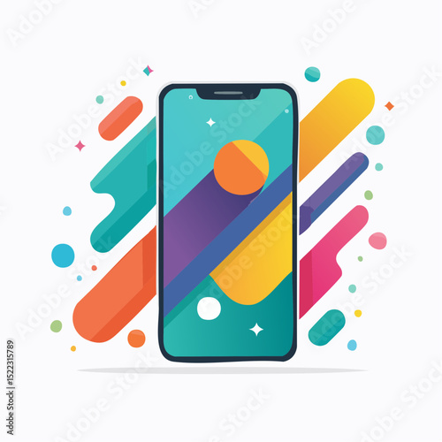 Modern flat design smartphone illustration with colorful abstract shapes and a vibrant background, perfect for tech-related concepts and digital design.