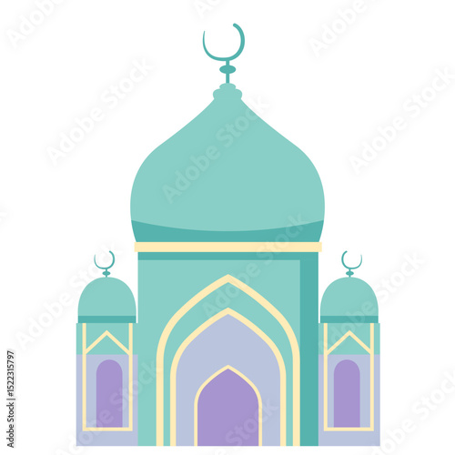  A minimalist teal mosque illustration with a dome and turrets, symbolizing Islamic architecture and spirituality in a clean, soft design.

