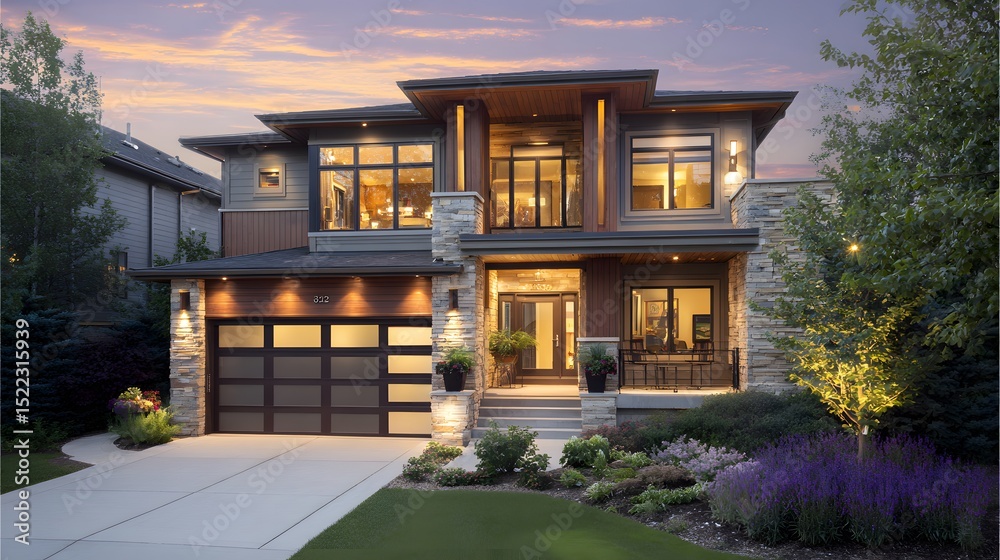 Fototapeta premium Modern suburban home with clean lines in golden light, conveying serene contemporary living