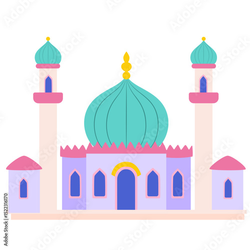 A minimalist pastel-colored mosque illustration with a dome and turrets, symbolizing Islamic architecture and spirituality in a clean, simple design.

