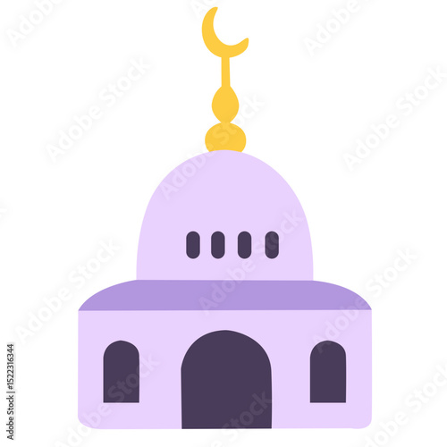 A minimalist purple mosque illustration with a dome and turrets, symbolizing Islamic architecture and spirituality in a clean, simple design.

