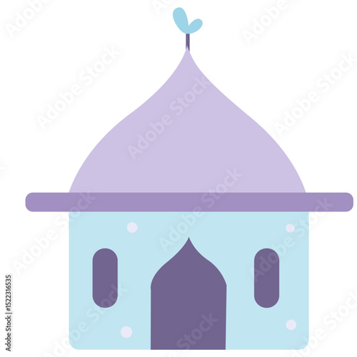 A minimalist purple mosque illustration with a dome and turrets, symbolizing Islamic architecture and spirituality in a clean, simple design.

