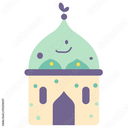 A minimalist green mosque illustration with a dome and turrets, representing Islamic architecture and spirituality in a simple design.

