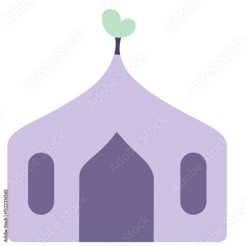 A minimalist purple mosque illustration with a dome and turrets, symbolizing Islamic architecture and spirituality in a soft, clean design.

