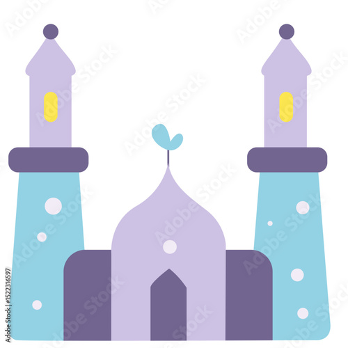 A minimalist pastel mosque illustration with turrets, symbolizing Islamic architecture and spirituality in a soft and simple design.

