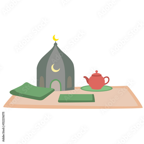 A minimalist illustration of a Ramadan table setting with tea, green cloth, and spiritual elements, symbolizing tradition and festive celebration.

