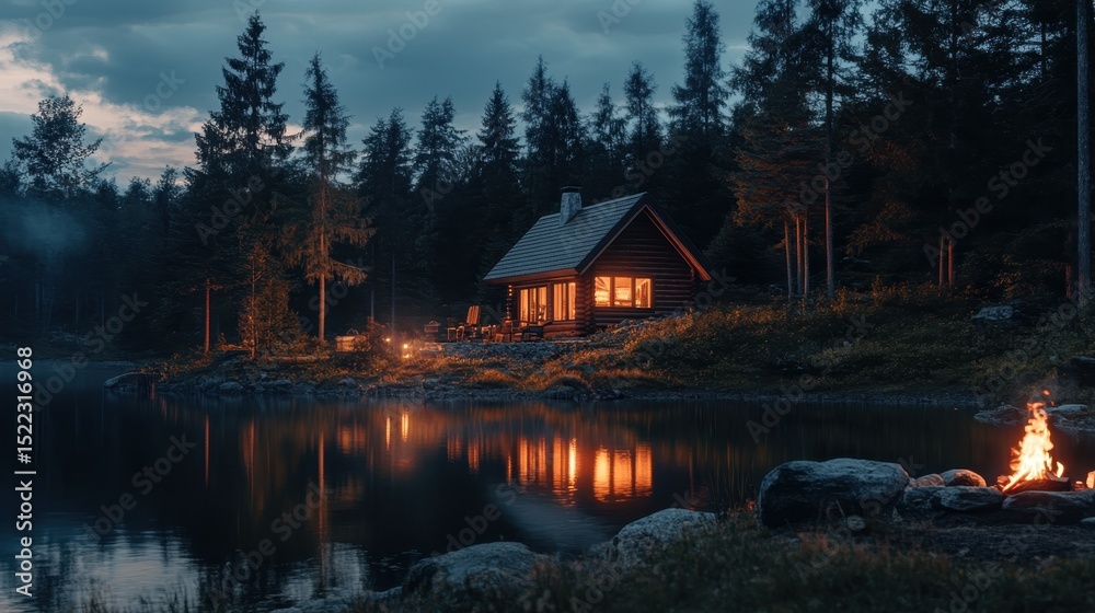 Fototapeta premium Cozy cabin by the lake surrounded by trees during twilight with a campfire glowing nearby