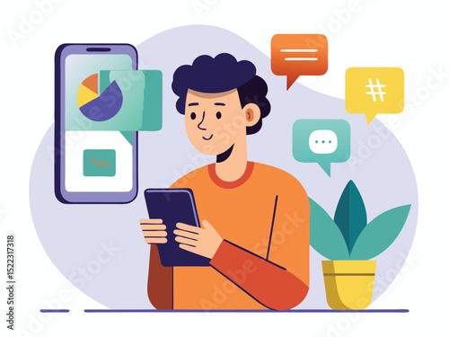Man using mobile app for data analysis and communication
