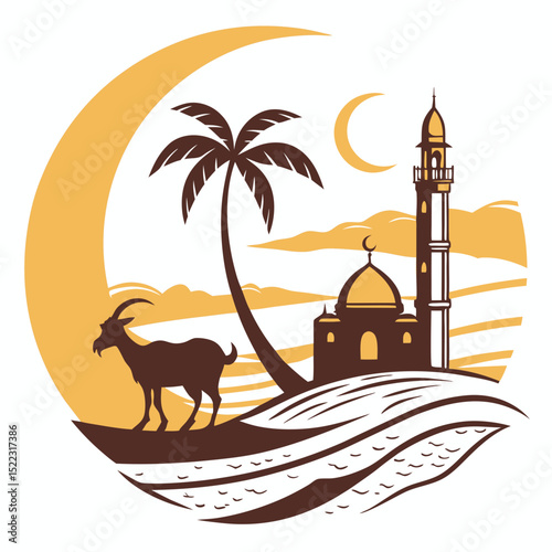 Eid Mubarak greeting background, Crescent moon shape with goat and mosque against sunset sky in the beach.