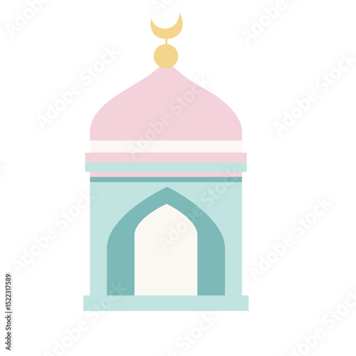 A pink mosque with a dome and crescent, symbolizing Islamic architecture. Simple and minimal design ideal for spiritual, cultural, and religious projects
