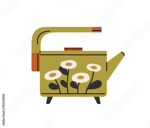 Teapot with pattern of flowers for preparing hot beverages. Ceramic tea pot to brew herbs, herbal drinks. Modern electric kettle to boil water. Flat isolated vector illustration on white background