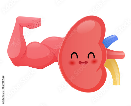 Adorable cartoon kidney illustration smiles, promoting healthy kidneys.