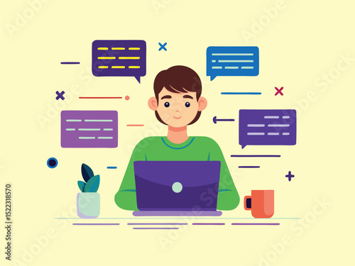 Freelance worker illustration working on laptop at home office