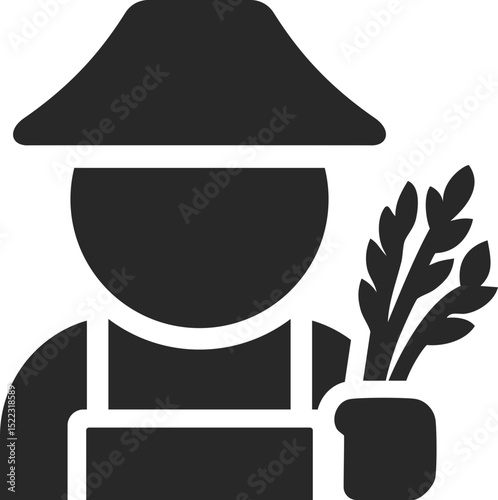 Farmer solid icon holding rice stalks, used in agriculture and rice farming designs.