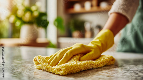 A person is cleaning a counter with a yellow cloth. The counter is made of granite and has a few potted plants nearby