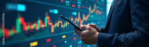 business professional uses tablet navigate network structures analyze stock charts within financial technology
