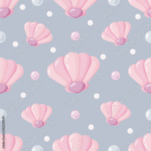 A charming seamless pattern with cute pink scallop seashells containing tiny pearls, interspersed with shimmering white and soft pink pearls. Set on a gentle pastel background this repeating design is