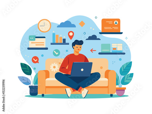 Remote work from home freelance worker on sofa illustration