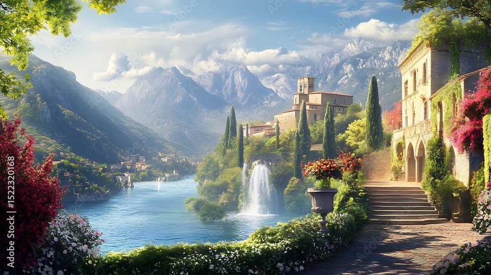 Fototapeta premium Green valley surrounded by hills and flowing river high resolution picture