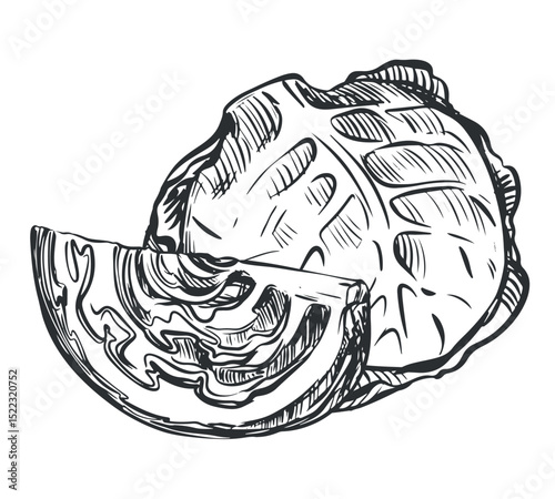 Vector sketch of cabbage. Drawn whole head and piece of cabbage, imitation of old engraving technique. Black and white drawing of healthy farm vegetable on white background.