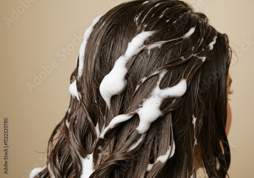 Woman with luscious brown hair lathered with shampoo, showcasing clean and healthy hair care routine.