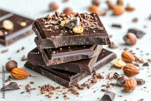 Dark Chocolate with Nuts. Stack of dark chocolate with nuts scattered around. Ideal for dessert, food ads, or gourmet promotion.