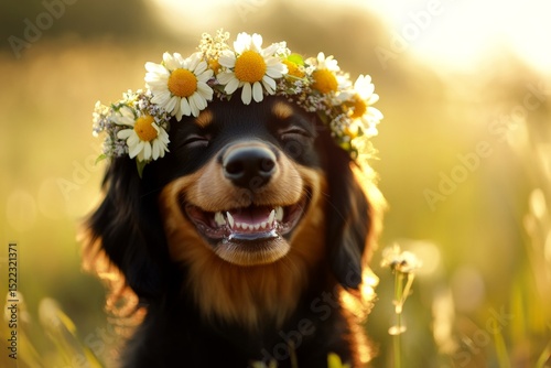 Sunny daylight. Cute baby dog gordon setter wearing untamed flower crown on its head. Warm season happiness. Dog surrounded by flowers. Puppy exploring nature. Cute dog enjoying holidays.