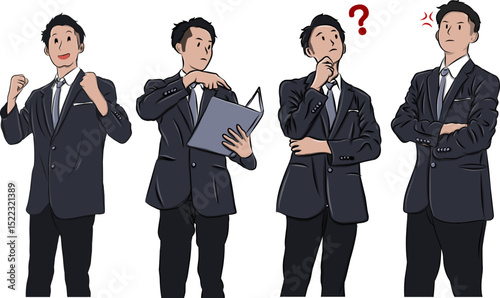 sets of flat vector images of businessmen in various style and expressions with formal black suits