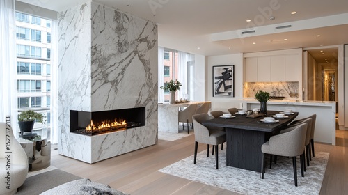 Contemporary apartment with marble fireplace, dining area, and modern kitchen showcasing luxury living in a minimalist design with natural light and upscale decor.