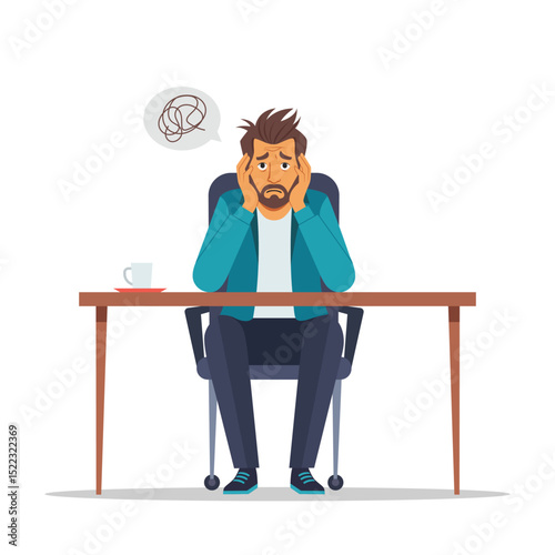 Confused man pondering a problem solution Vector flat illustration