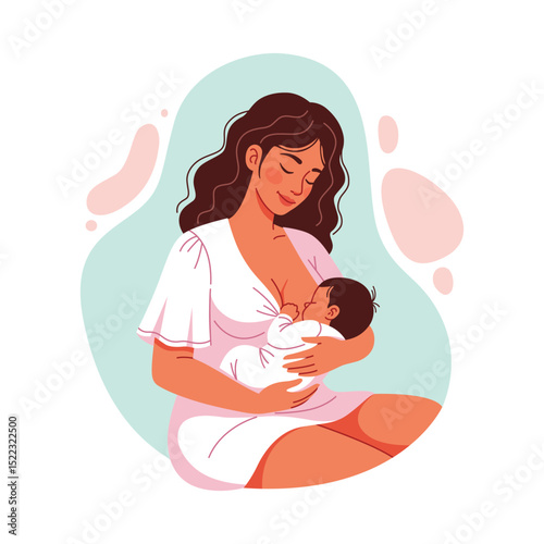 Vector Breastfeeding Concept Characters Mother Holding Newborn Baby, flat illustration